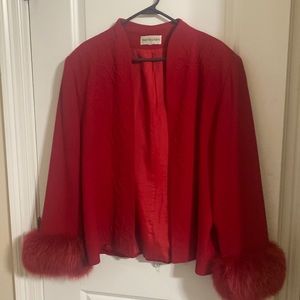 Red BLOOMINGDALES Faux Fur Cuff Blazer